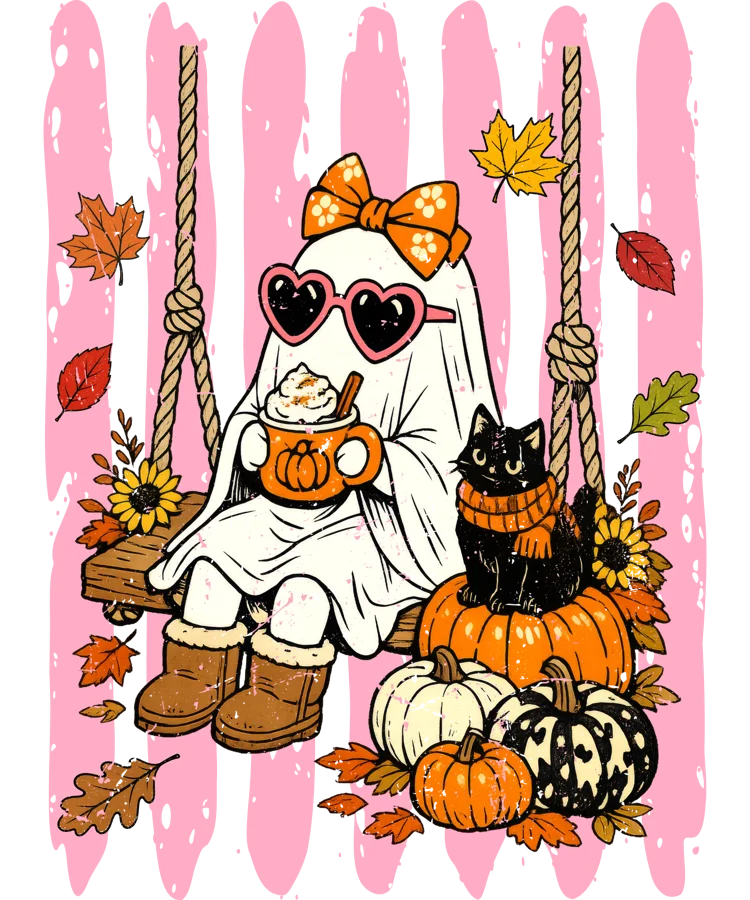 Ghost in heart sunglasses on a swing with a latte and black cat