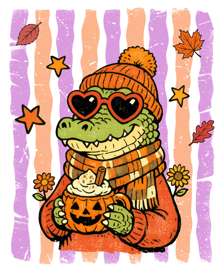 Alligator in a beanie and scarf holding a pumpkin latte