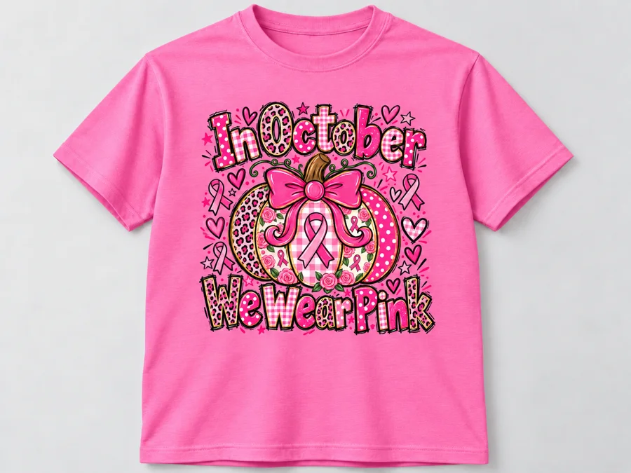 Pink shirt with In October We Wear Pink pumpkin design