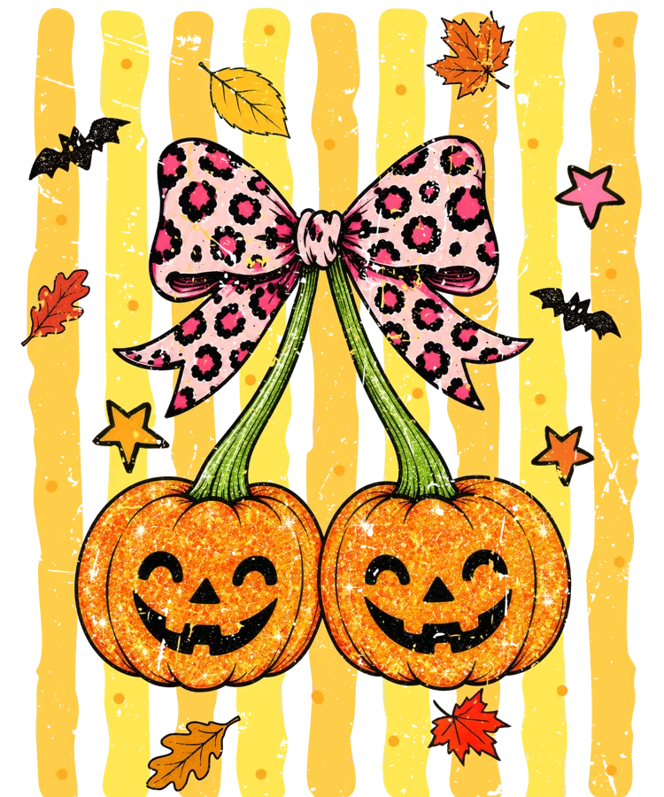 Two smiling glitter pumpkins tied with a leopard bow