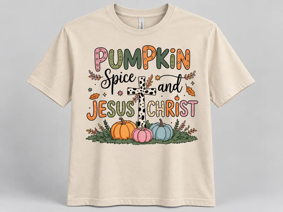 Cream shirt with Pumpkin Spice and Jesus Christ design